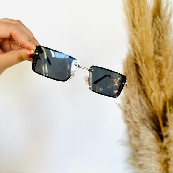 VINTAGE Y2K 90s Gold Metal Square Black Mini Etched Sunglasses Unisex Sunnies - Picture 1 of 12